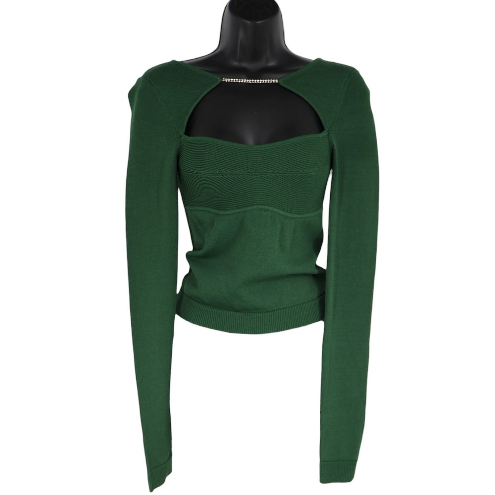 Lovers and Friends Arella Sweater Army Green XS Rhinestone Cutout Sweetheart Top